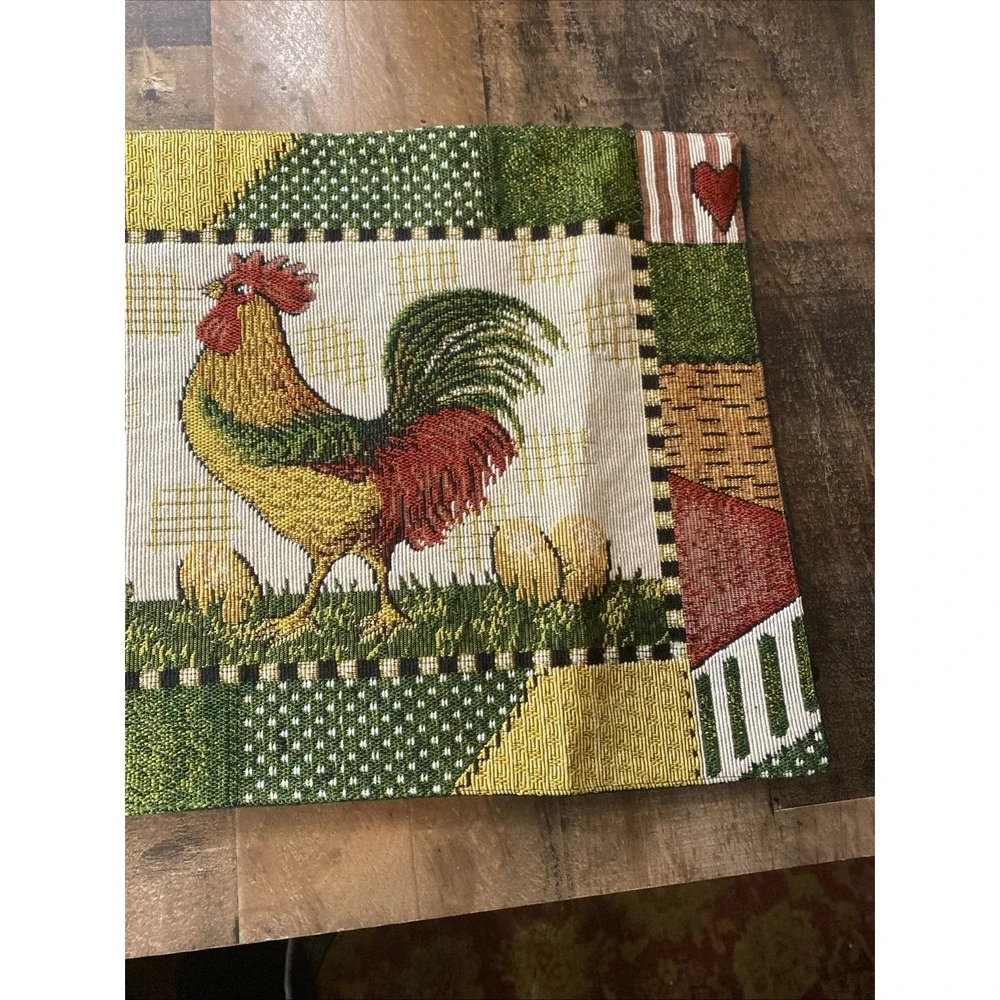 Vtg 90s Rooster Tapestry Table Runner Patchwork Hearts‎ Country Farmhouse Woven